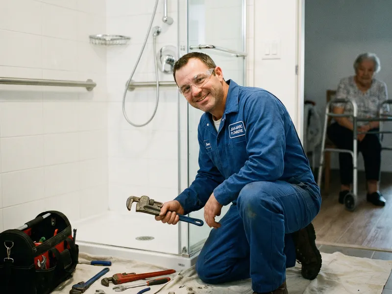 Plombier certifié installant une cabine de douche sécurisée avec receveur extra-plat pour senior PMR en France